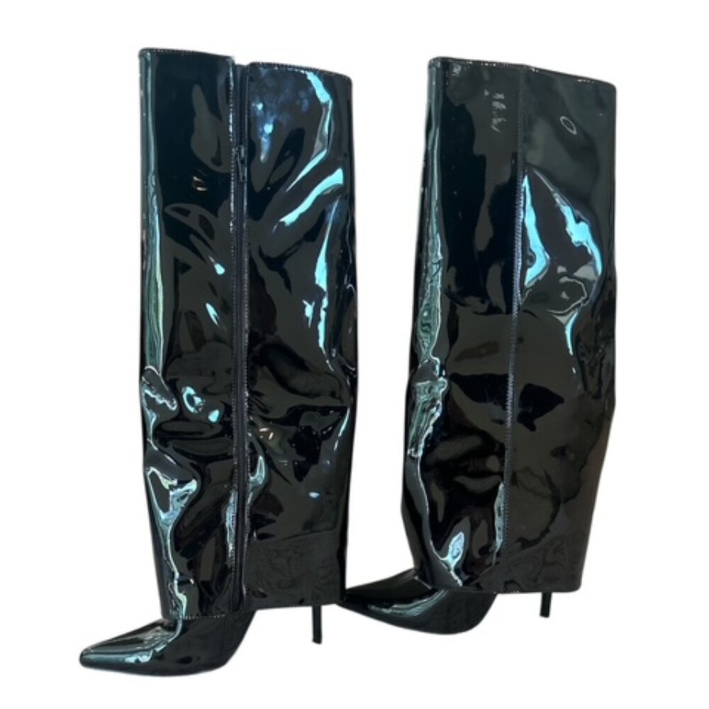 Fashion Nova Knee High Black Patent Leather Boots Size 7
